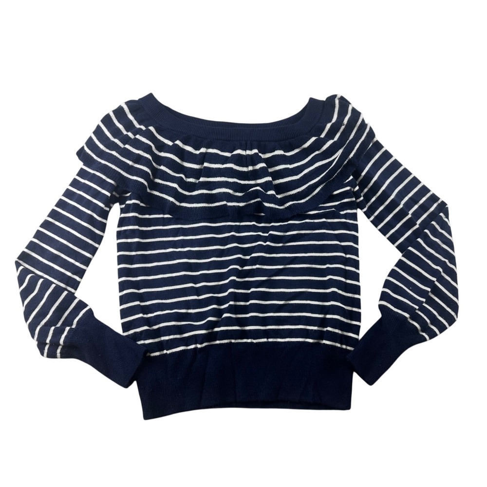 Joie Sweater Women XS Blue Ruffle Striped Boat Neck Long Sleeve Coastal Preppy